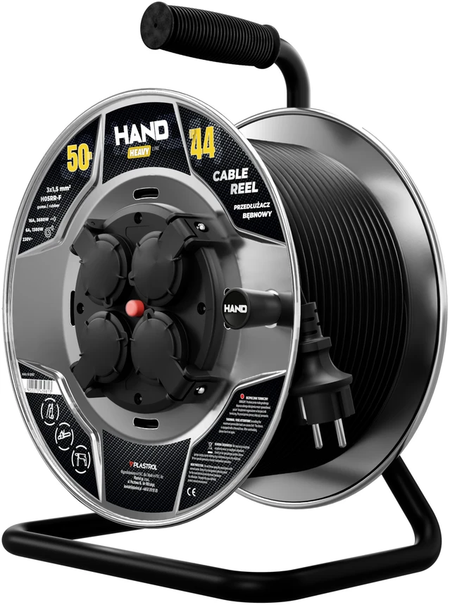 Przedłużacz bębnowy hand heavy; 4x2p+su; ip44; 16a; h05rr-f; 3×1,5; 50m; juoda