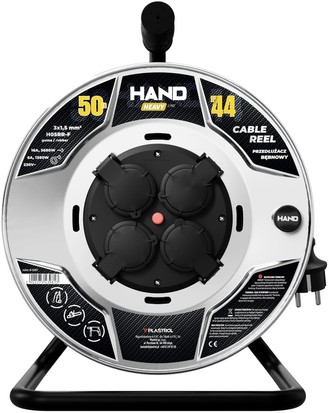 Przedłużacz bębnowy hand heavy; 4x2p+su; ip44; 16a; h05rr-f; 3×1,5; 50m; juoda