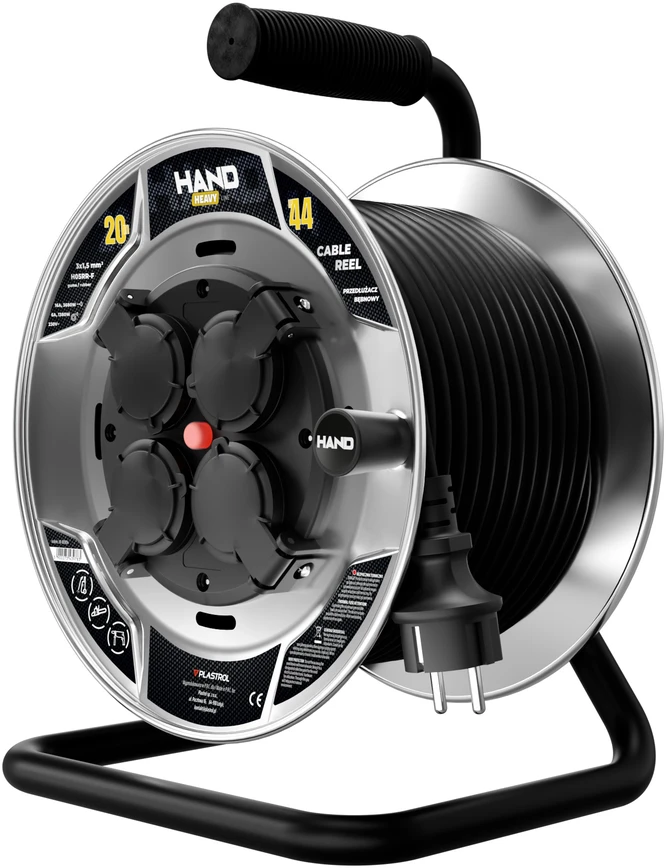 Przedłużacz bębnowy hand heavy; 4x2p+su; ip44; 16a; h05rr-f; 3×1,5; 20m; juoda