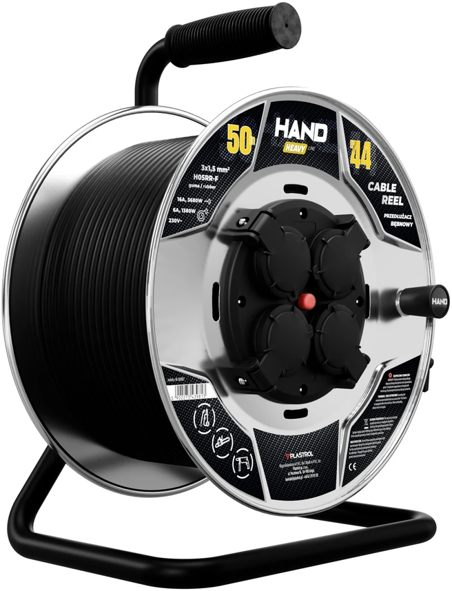 Przedłużacz bębnowy hand heavy; 4x2p+su; ip44; 16a; h05rr-f; 3×1,5; 50m; juoda