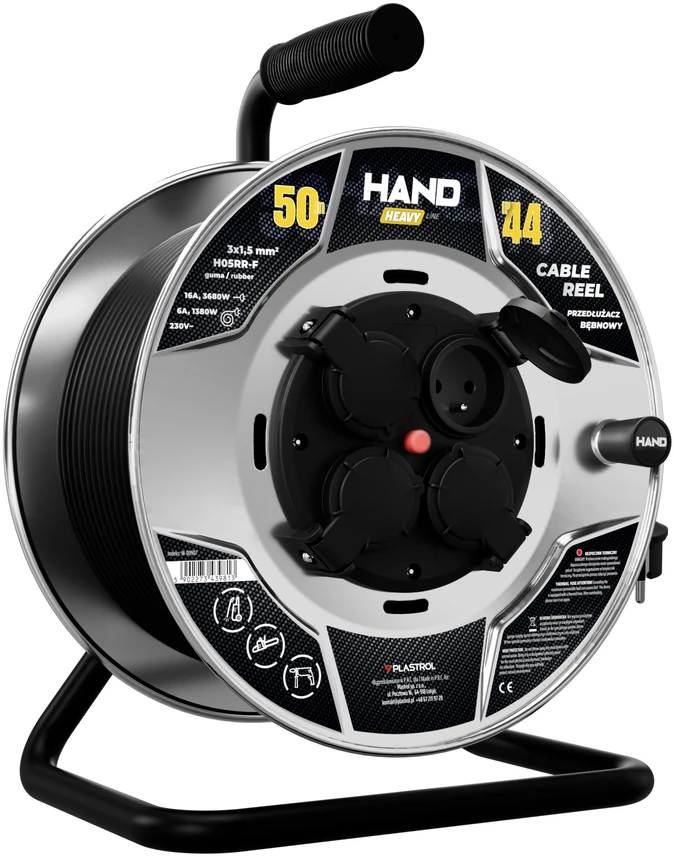 Przedłużacz bębnowy hand heavy; 4x2p+su; ip44; 16a; h05rr-f; 3×1,5; 50m; juoda