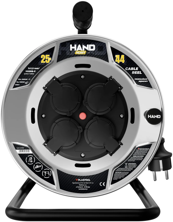 Przedłużacz bębnowy hand heavy; 4x2p+su; ip44; 16a; h05rr-f; 3×1,5; 25m; juoda