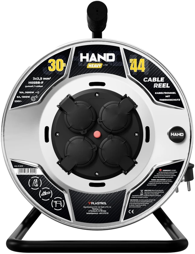 Būgninis ilgintuvas hand heavy su schuko kištuku; 4x2p+su; ip44; 16a; h05rr-f; 3x2,5; 30m; juoda
