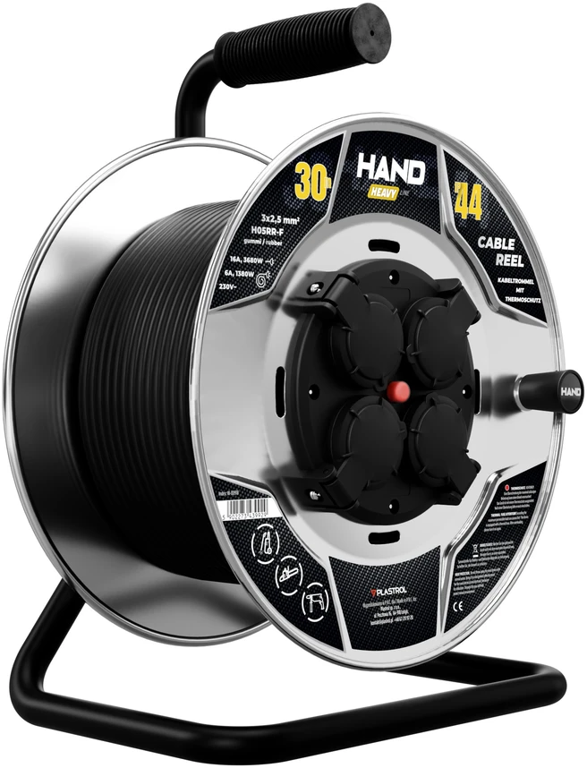 Būgninis ilgintuvas hand heavy su schuko kištuku; 4x2p+su; ip44; 16a; h05rr-f; 3x2,5; 30m; juoda
