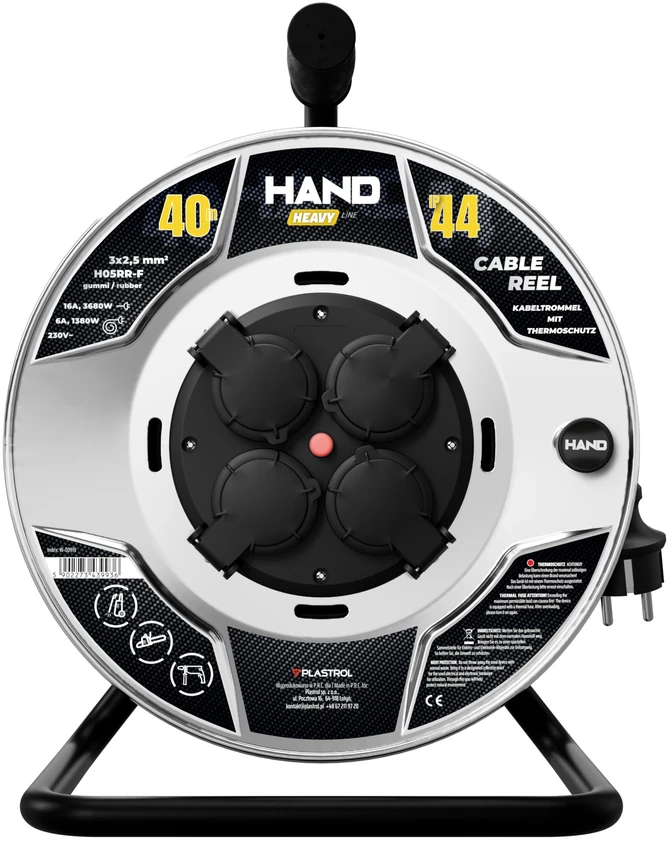 Przedłużacz bębnowy hand heavy schuko; 4x2p+su; ip44; 16a; h05rr-f; 3x2,5; 40m; juoda