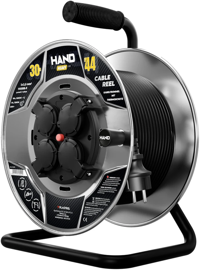 Būgninis ilgintuvas hand heavy su schuko kištuku; 4x2p+su; ip44; 16a; h05rr-f; 3x2,5; 30m; juoda