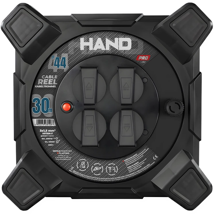 Kvadratinis būgninis ilgintuvas linija hand pro; 4x2p+su; ip44; 16a; h07rn-f; 3×1,5; 30m; schuko juoda
