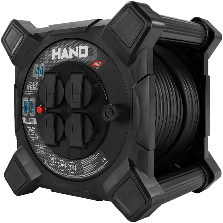 Kvadratinis būgninis ilgintuvas linija hand pro; 4x2p+su; ip44; 16a; h07rn-f; 3×1,5; 50m; juoda