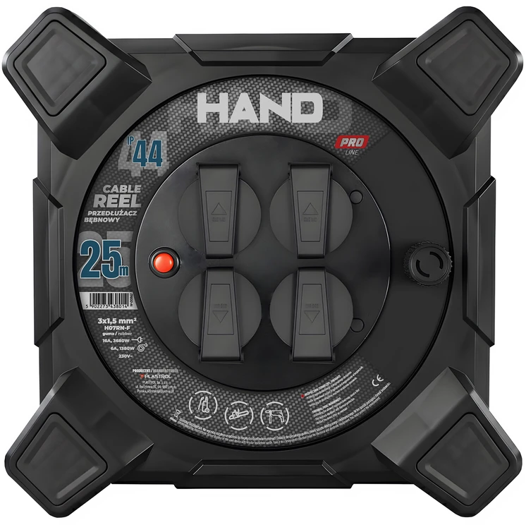 Plastrol Būgninis ilgintuvas kvadratinis linija hand pro; 4x2p+su; ip44; 16a; h07rn-f; 3×1,5; 25m; juoda