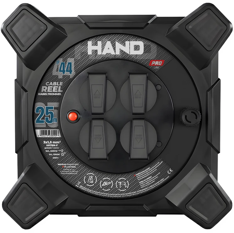 Przedłużacz bębnowy kwadratowy linija hand pro; 4x2p+su; ip44; 16a; h07rn-f; 3×1,5; 25m; schuko juoda