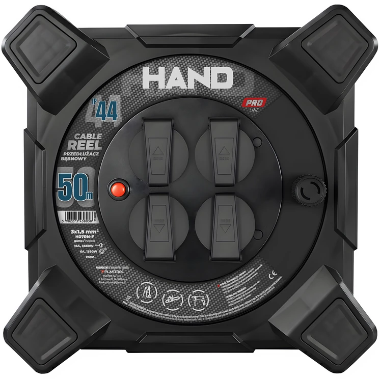 Kvadratinis būgninis ilgintuvas linija hand pro; 4x2p+su; ip44; 16a; h07rn-f; 3×1,5; 50m; juoda