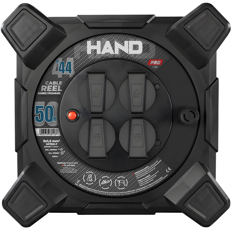 Przedłużacz bębnowy kwadratowy linija hand pro; 4x2p+su; ip44; 16a; h07rn-f; 3×1,5; 50m; schuko juoda