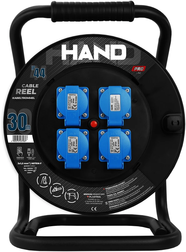 Būgninis prailgintuvas linija hand pro; 3x(2P+Z) +1x(USB-A;USB-C); IP44; 16A; H07RN-F; 3×1,5; 30m; Schuko; juoda
