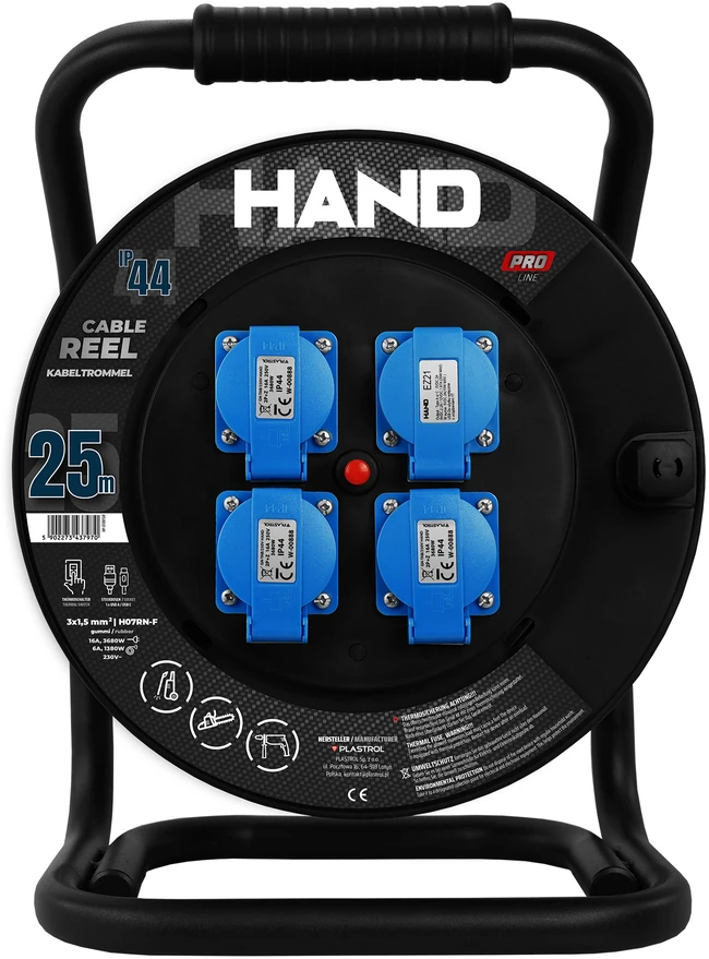Przedłużacz bębnowy linija hand pro; 3x(2p+su) +1x(usb-a;usb-c); ip44; 16a; h07rn-f; 3×1,5; 25m; schuko juoda