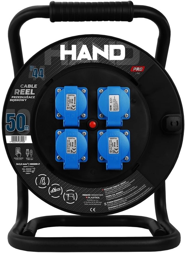 Plastrol Būgninis ilgintuvas linija hand pro; 3x(2P+Z) +1x(USB-A; USB-C); IP44; 16A; H05RR-F; 3×1,5; 50m; juoda