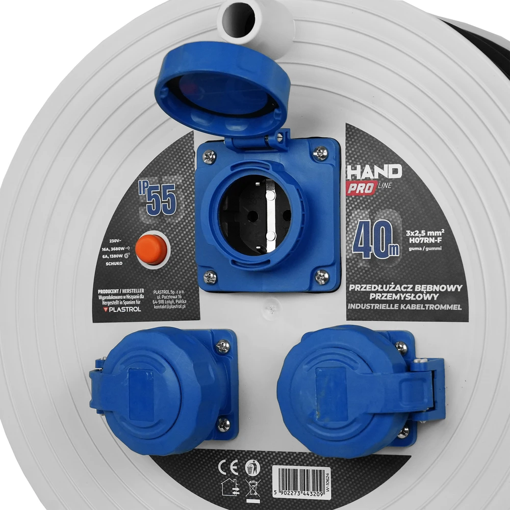 Przedłużącz bębnowy pramoninis hand pro ip55; 40m; h07rn-f; 3×2,5mm; schuko