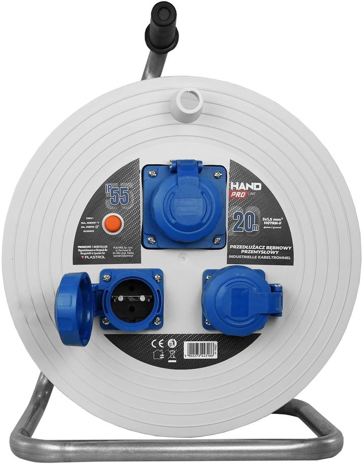 Przedłużącz bębnowy pramoninis hand pro ip55; 20m; h07rn-f; 3×1,5mm; schuko