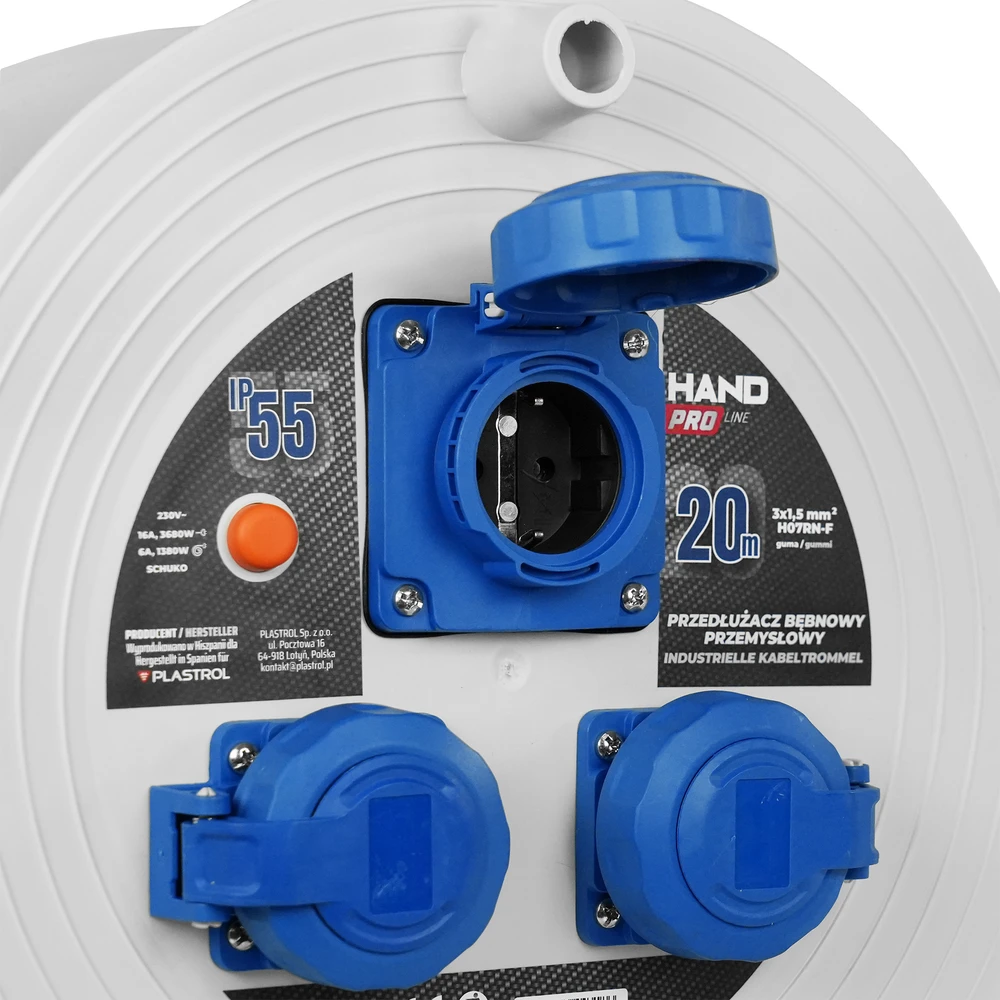 Przedłużącz bębnowy pramoninis hand pro ip55; 20m; h07rn-f; 3×1,5mm; schuko