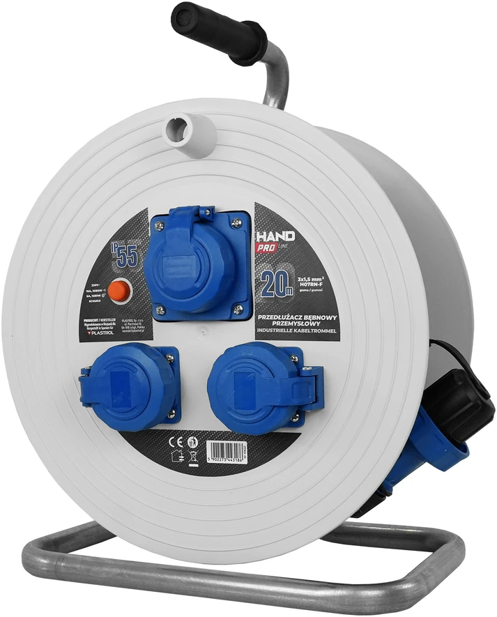 Przedłużącz bębnowy pramoninis hand pro ip55; 20m; h07rn-f; 3×1,5mm; schuko