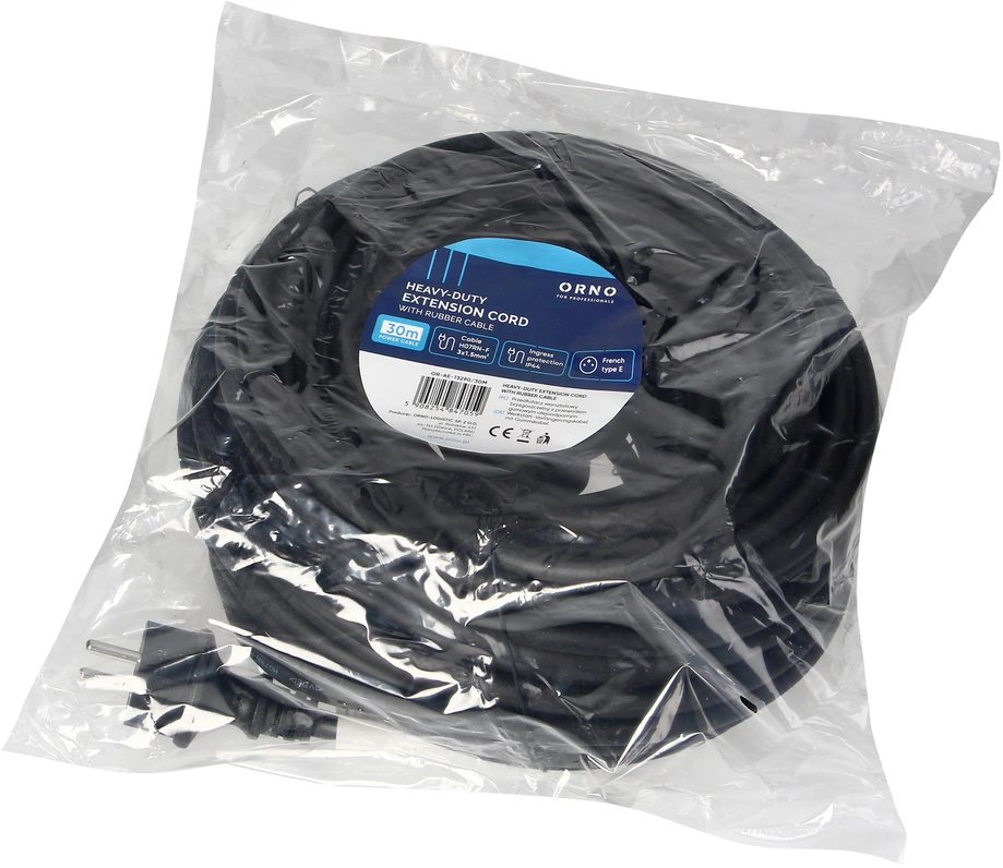 Orno Przedłużacz Dirbtuvių prailgintuvas, atsparus vandens purslams, IP44, 1x2P+Z 30m, alyvai atsparus guminis kabelis H07RN-F 3x1.5mm², 230VAC/16A