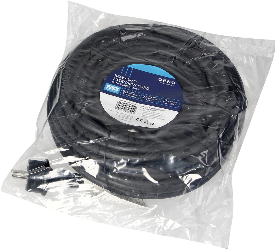 Orno Przedłużacz Dirbtuvių prailgintuvas, atsparus vandens purslams, IP44, 1x2P+Z 20m, alyvai atsparus guminis kabelis H07RN-F 3x1.5mm², 230VAC/16A