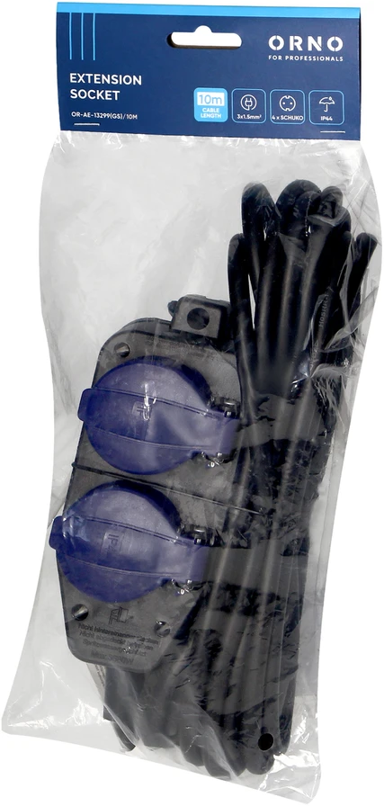 Orno Przedłużacz Dirbtuvių prailgintuvas, atsparus vandens purslams, IP44, 4 lizdai (2+2) 2P+Z IP44, schuko, guminis kabelis, H05RR-F 3x1.5mm², 10m