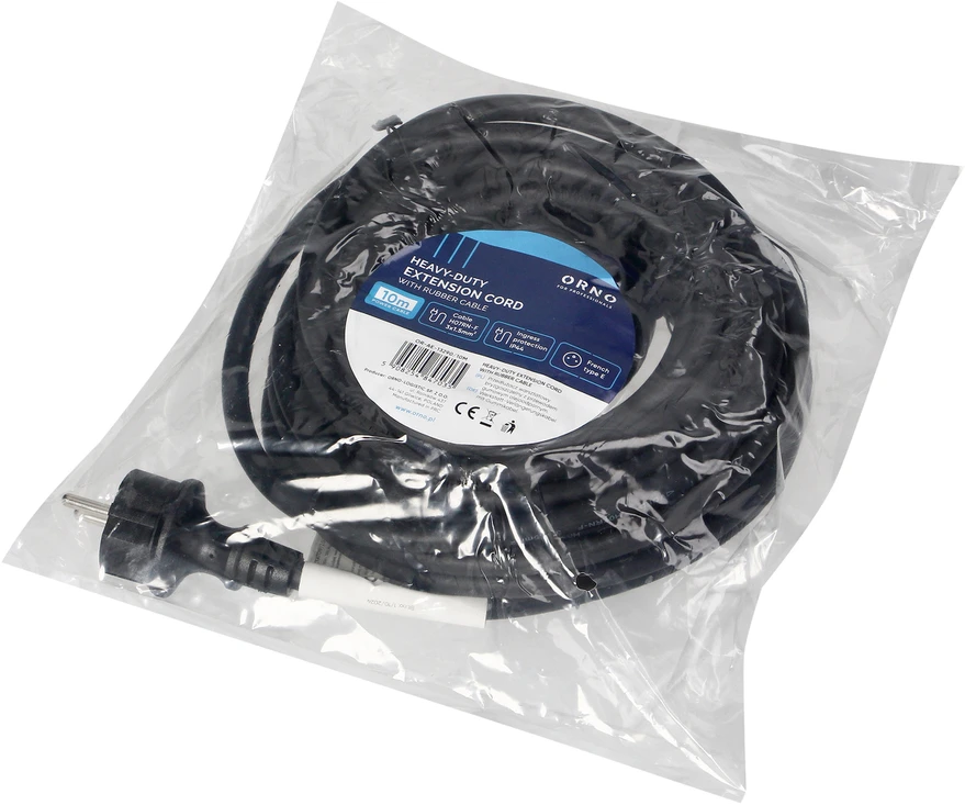 Orno Przedłużacz Dirbtuvių prailgintuvas, atsparus vandens purslams, IP44, 1x2P+Z 10m, alyvai atsparus guminis kabelis H07RN-F 3x1.5mm², 230VAC/16A