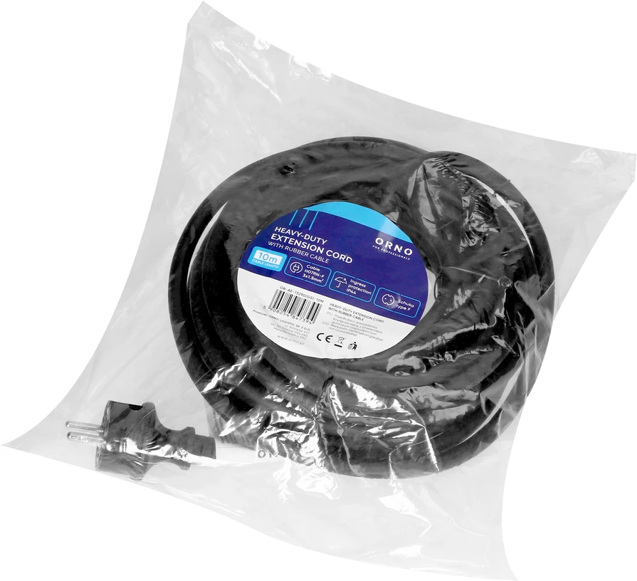 Orno Przedłużacz Dirbtuvių prailgintuvas, atsparus vandens purslams, IP44, 1x2P+Z 10m, alyvai atsparus guminis kabelis H07RN-F 3x1.5mm², 230VAC/16A, schuko