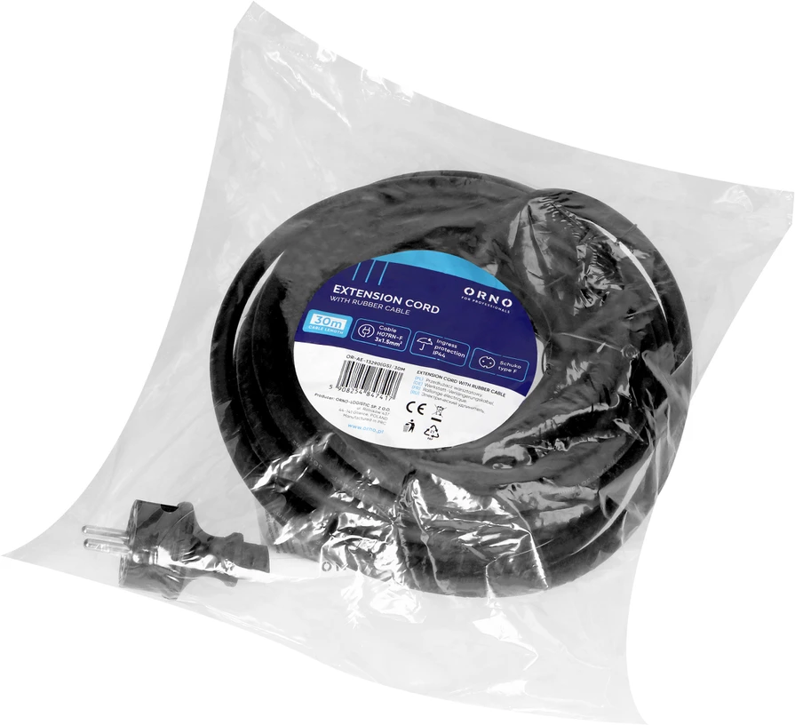 Orno Przedłużacz Dirbtuvių prailgintuvas, atsparus vandens purslams, IP44, 1x2P+Z 30m, alyvai atsparus guminis kabelis H07RN-F 3x1.5mm², 230VAC/16A, schuko