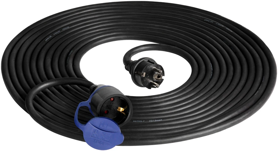 Orno Przedłużacz Dirbtuvių prailgintuvas, atsparus vandens purslams, IP44, 1x2P+Z 20m, alyvai atsparus guminis kabelis H07RN-F 3x1.5mm², 230VAC/16A, schuko