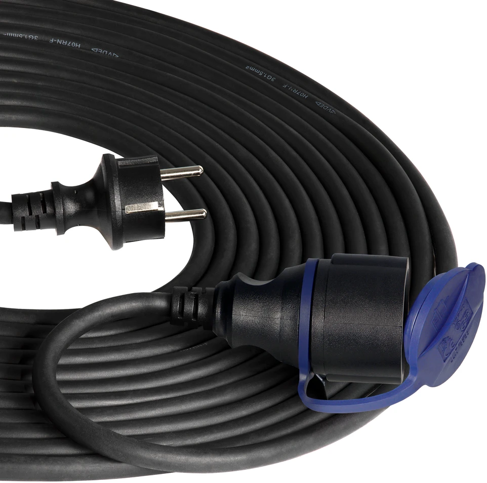 Orno Przedłużacz Dirbtuvių prailgintuvas, atsparus vandens purslams, IP44, 1x2P+Z 20m, alyvai atsparus guminis kabelis H07RN-F 3x1.5mm², 230VAC/16A, schuko