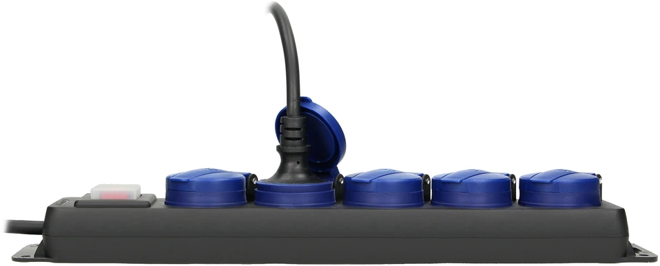 Orno Przedłużacz Dirbtuvių prailgintuvas su jungikliu, atsparus vandens purslams, 5 lizdai 2P+Z, IP44, guminis „schuko“ kabelis, H05RR-F 3x1,5mm2, ilgis 5m