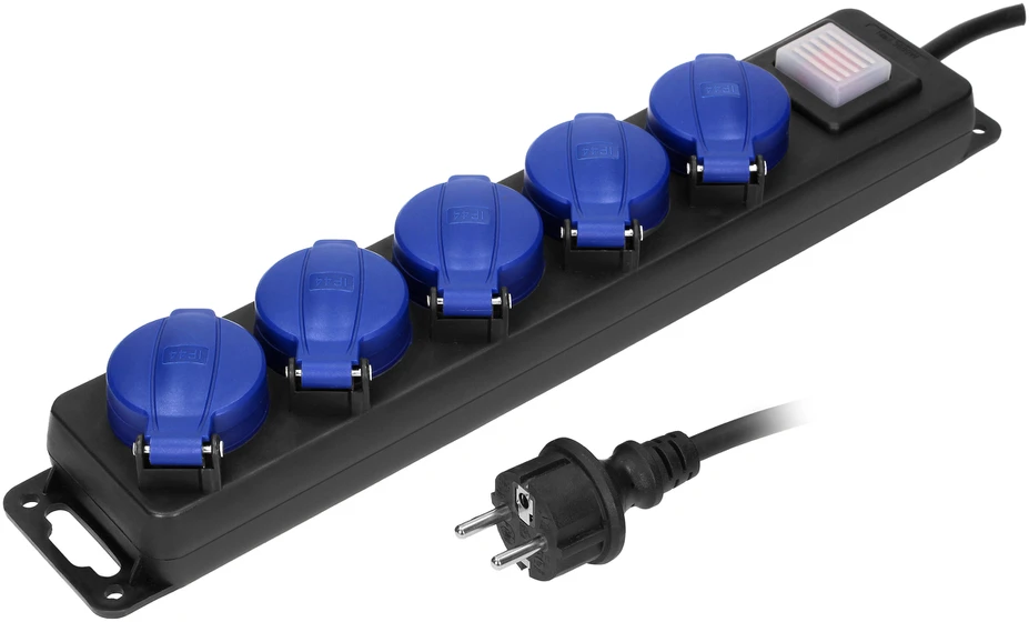 Orno Przedłużacz Dirbtuvių prailgintuvas su jungikliu, atsparus vandens purslams, 5 lizdai 2P+Z, IP44, guminis „schuko“ kabelis, H05RR-F 3x1,5mm2, ilgis 5m