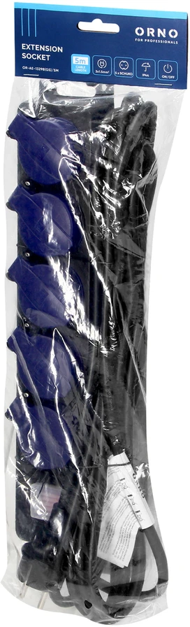 Orno Przedłużacz Dirbtuvių prailgintuvas su jungikliu, atsparus vandens purslams, 5 lizdai 2P+Z, IP44, guminis „schuko“ kabelis, H05RR-F 3x1,5mm2, ilgis 5m
