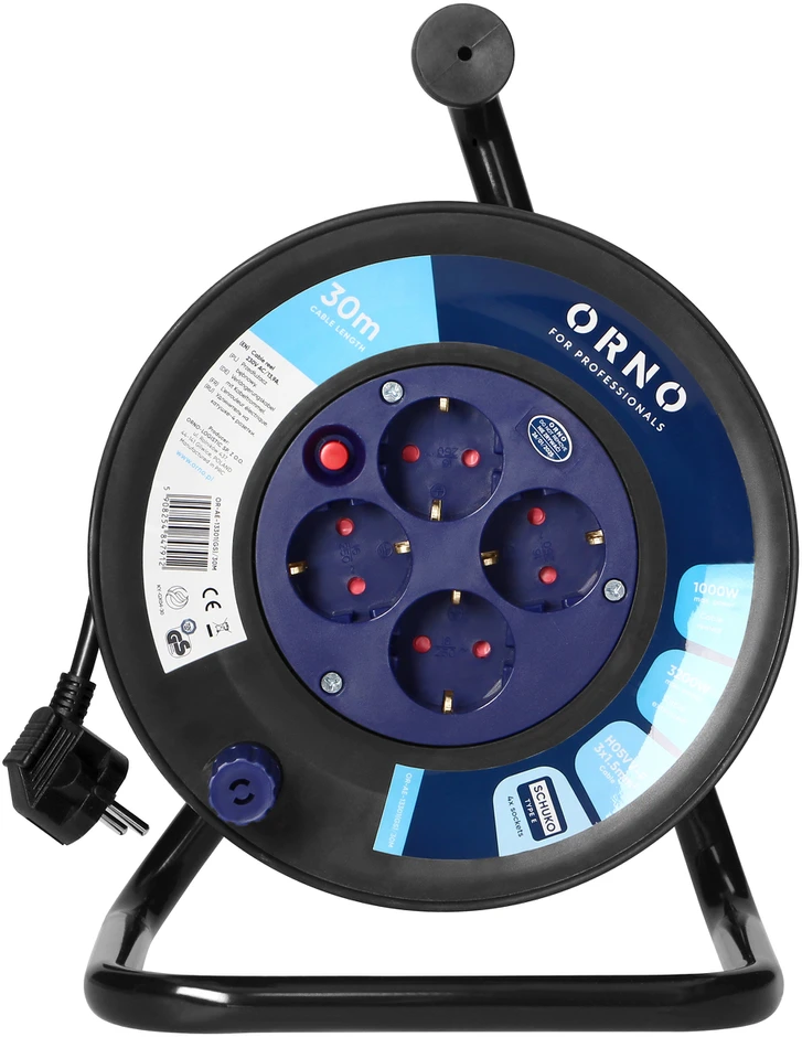 Orno Przedłużacz Ilgintuvo ritė, 4 lizdai 2P+Z (schuko), PVC kabelis H05VV-F 3x1,5mm2, ilgis - 30m, šiluminė apsauga, srovės kelio sklendės