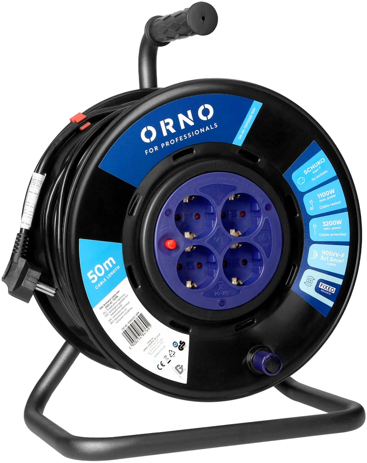 Orno Przedłużacz Ilgintuvo ritė, 4 lizdai 2P+Z Schuko, PVC kabelis H05VV-F 3x1,5mm2, ilgis - 50m, FIKSUOTI LIZDAI, terminė relė, srovės kelio sklendės