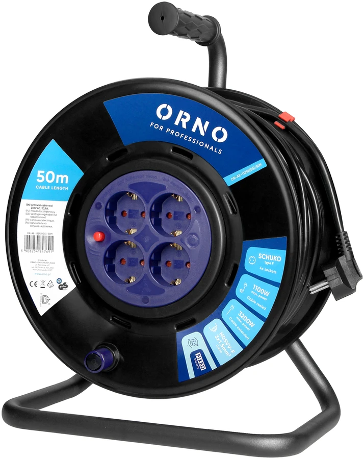 Orno Przedłużacz Ilgintuvo ritė, 4 lizdai 2P+Z Schuko, PVC kabelis H05VV-F 3x1,5mm2, ilgis - 50m, FIKSUOTI LIZDAI, terminė relė, srovės kelio sklendės