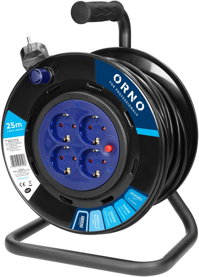 Orno Przedłużacz Ilgintuvo ritė, 4 lizdai 2P+Z Schuko, PVC kabelis H05VV-F 3x1,5mm2, ilgis 25m, fiksuoti lizdai, šiluminė apsauga, srovės kelio sklendės
