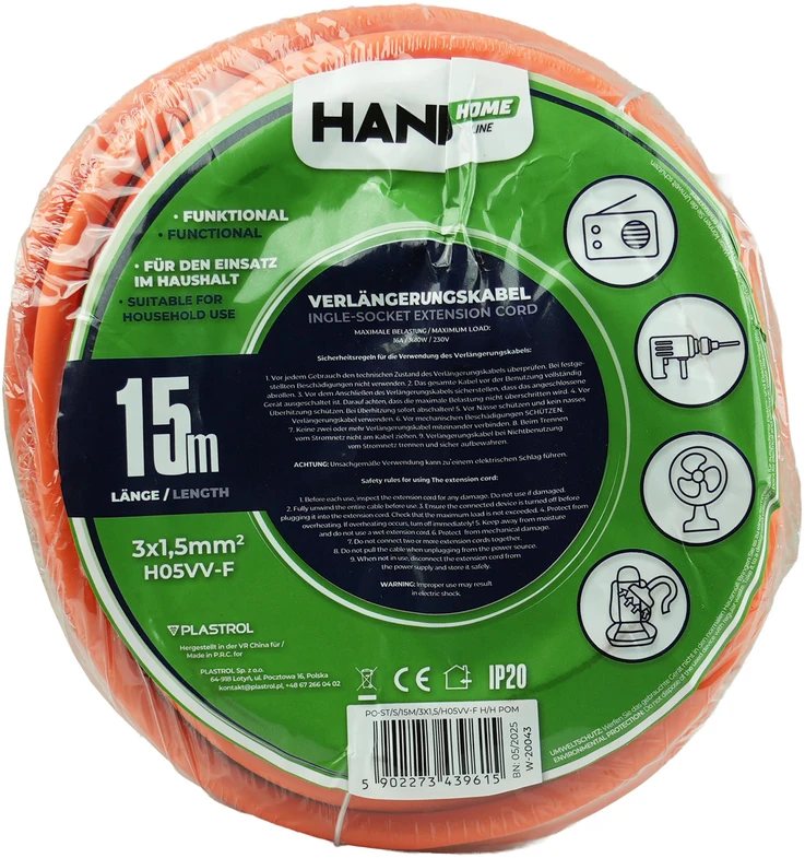 Ilgintuvas su vienu schuko lizdu; IP20; 16A; H05VV-F; 3×1,5; 15 m; oranžinė; Hand Home.