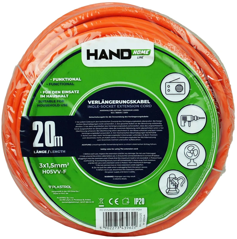 Przedłużacz jednogniazdowy schuko; ip20; 16a; h05vv-f ; 3×1,5; 20m; oranžinė; hand home