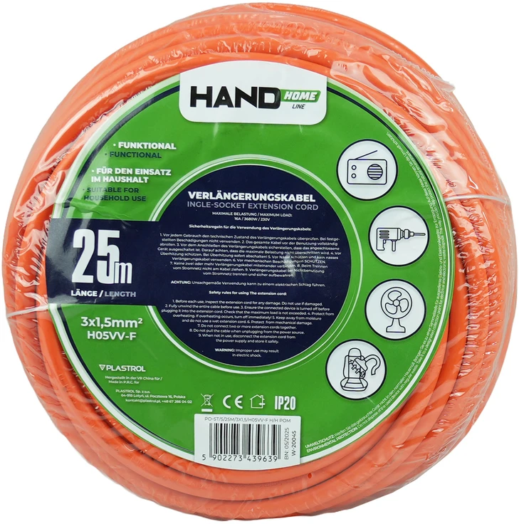 Prailgintuvas su vienu schuko lizdu; IP20; 16A; H05VV-F; 3×1,5; 25 m; oranžinė; Hand Home