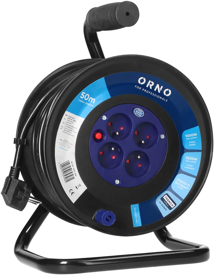 Orno Przedłużacz Prailginimo laido ritė, 4 lizdai 2P+Z, PVC kabelis H05VV-F 3x1,5mm2, 50m, šiluminė apsauga, srovės kelio sklendės