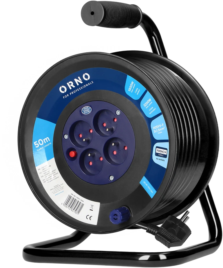 Orno Przedłużacz Prailginimo laido ritė, 4 lizdai 2P+Z, PVC kabelis H05VV-F 3x1,5mm2, 50m, šiluminė apsauga, srovės kelio sklendės