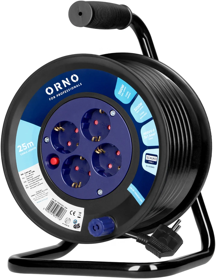 Orno Przedłużacz Prailginimo laido ritė, 4 lizdai 2P+Z, Schuko, PVC kabelis H05VV-F 3x1,5mm², ilgis 25m, šiluminė apsauga, srovės kelio sklendės