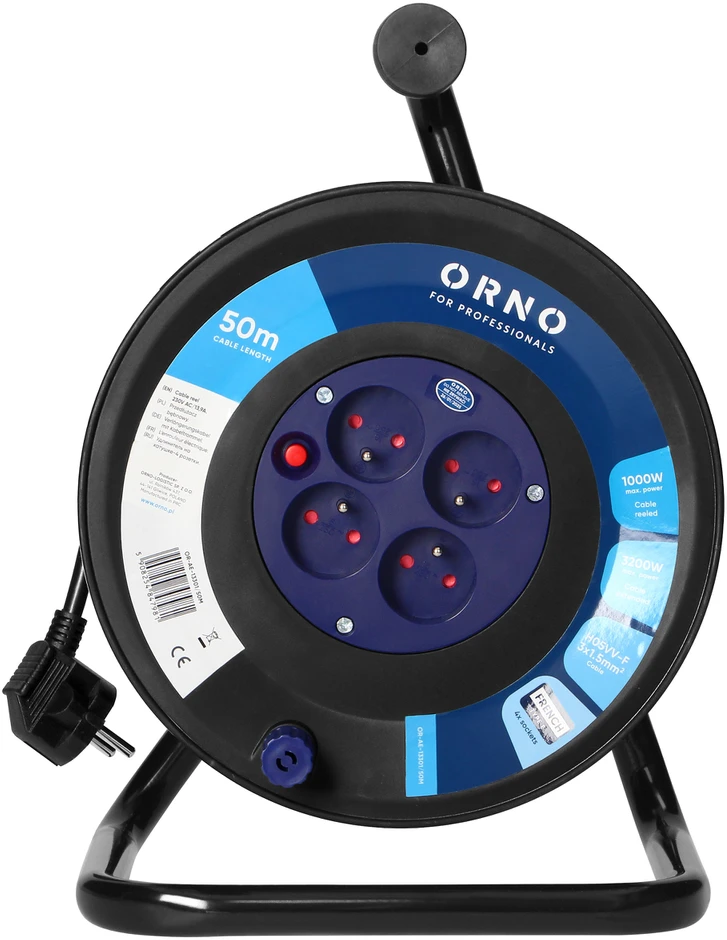 Orno Przedłużacz Prailginimo laido ritė, 4 lizdai 2P+Z, PVC kabelis H05VV-F 3x1,5mm2, 50m, šiluminė apsauga, srovės kelio sklendės