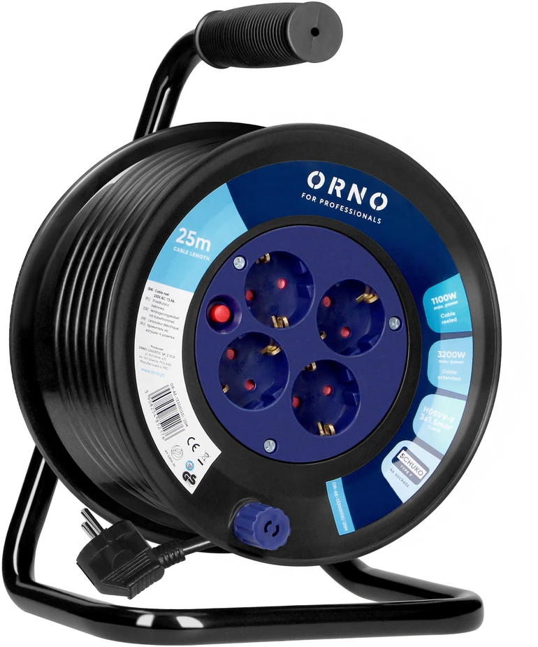 Orno Przedłużacz Prailginimo laido ritė, 4 lizdai 2P+Z, Schuko, PVC kabelis H05VV-F 3x1,5mm², ilgis 25m, šiluminė apsauga, srovės kelio sklendės