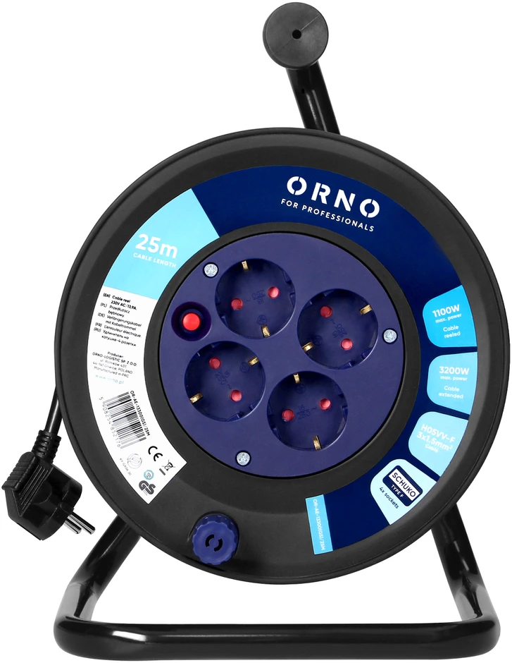 Orno Przedłużacz Prailginimo laido ritė, 4 lizdai 2P+Z, Schuko, PVC kabelis H05VV-F 3x1,5mm², ilgis 25m, šiluminė apsauga, srovės kelio sklendės