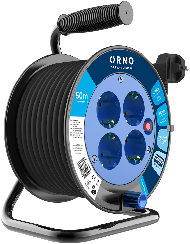 Orno Przedłużacz Prailginimo laido ritė, 4 lizdai 2P+Z (schuko), PVC kabelis H05VV-F 3x1,5mm2, ilgis 50m, šiluminė apsauga, srovės kelio sklendės