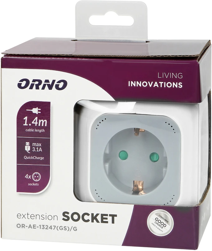Orno Przedłużacz Prailgintuvas 4x2P+Z (Schuko), USB įkroviklis A+C, greitas įkrovimas, 1.4m H05VV-F 3x1.5mm?, pilkas