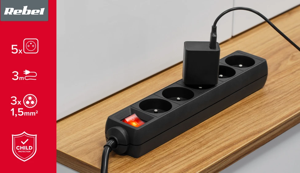 Rebel elektros tinklo ilgintuvas 5 lizdai su jungikliu 3m - 1.5mm